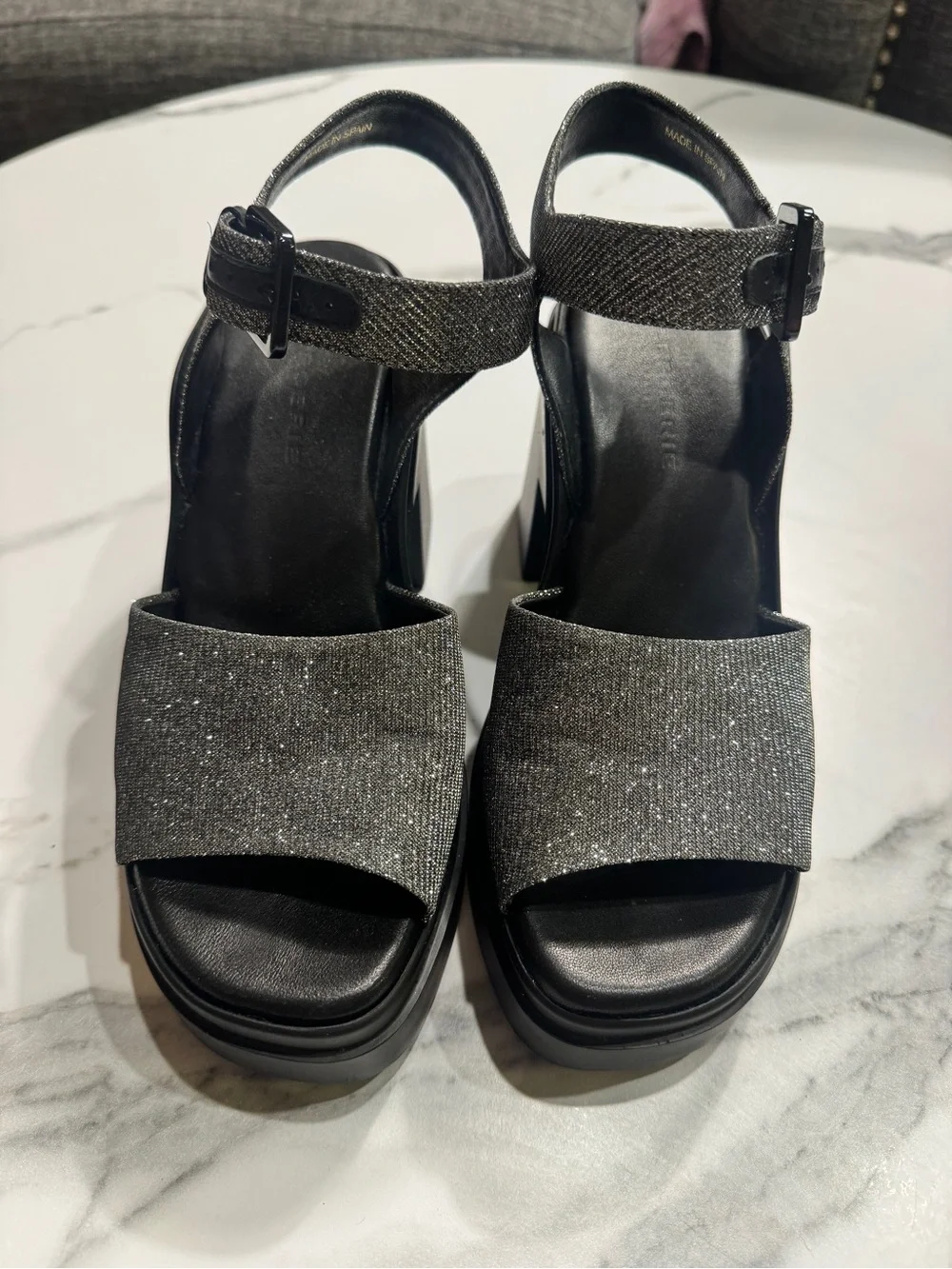 Robert Clergerie Silver Glitter Platform Sandals with Black Chunky Heel